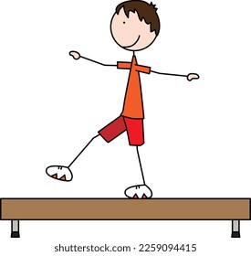 Dibujo vectorial de dibujos animados de un niño que hace ejercicio en un haz de equilibrio