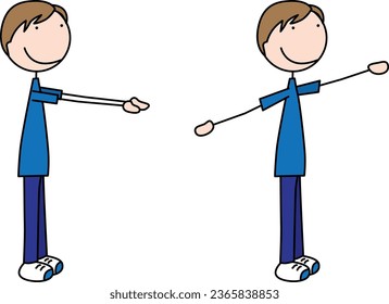 Cartoon vector illustration of a boy exercising - double arm front to side raise
