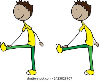 Ilustración vectorial de dibujos animados de un niño haciendo ejercicio - marcha de paso alto