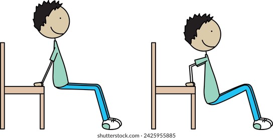 Cartoon vector illustration of a boy exercising - chair arm dips