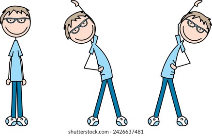 Cartoon vector illustration of a boy exercising - obliques stretches