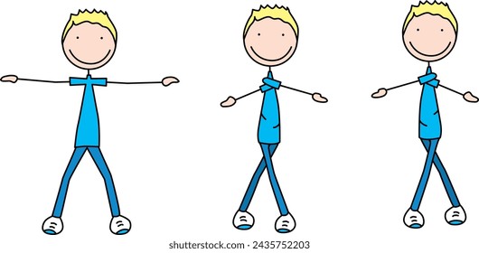 Cartoon vector illustration of a boy exercising - legs and arms crossing