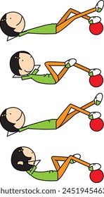 Cartoon vector illustration of a boy exercising - side crunch with medicine ball