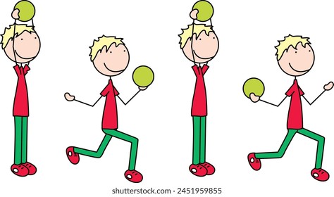 Cartoon vector illustration of a boy exercising - reverse lunge with medicine ball overhead