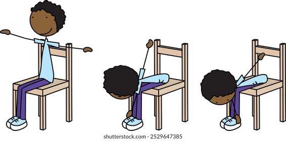 Cartoon vector illustration of a boy exercising - chair ankle taps