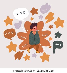 Ilustración vectorial de dibujos animados de un niño enfermarse, tener fiebre, envuelto en una manta.