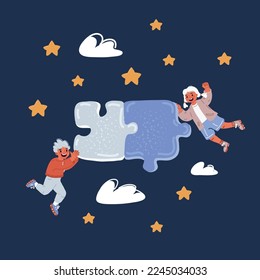 Cartoon vector illustration of boy and gril with piece together puzzle pieces. Kids make project together over dark background