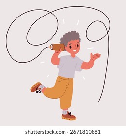 Cartoon vector illustration of boy hold paper cup wire phone. Playing