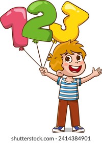 Vector de dibujos animados Ilustración de un niño que sostiene un globo colorido con un número de 123