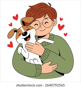 Cartoon vector illustration of boy hugging dog with joy. Ideal for children designs, pet friendship visuals, and heartwarming emotional themes.