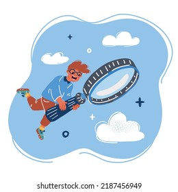 Cartoon vector illustration of boy. look through magnifying glass. Searching and researches concept