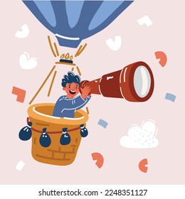 Cartoon vector illustration of boy looking through binoculars and smiling while flying on air balloon. Searching and education school concept