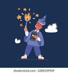 Cartoon vector illustration of boy in magician costume with magic wand having fun. Kid in fancy wizard, sorcerer costume at carnival, party or halloween over dark backround