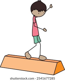 Cartoon vector illustration of a boy on a training foam balance beam