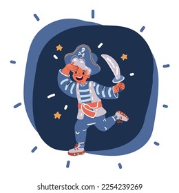 Cartoon vector illustration of boy with the pirates costume is running over dark background