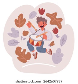 Ilustração vetorial de Garoto tocando tambor. Garoto alegre tocando tambor.