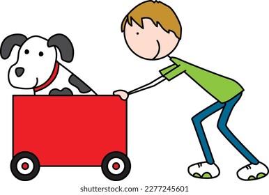Cartoon vector illustration of a boy pushing wagon with a dog