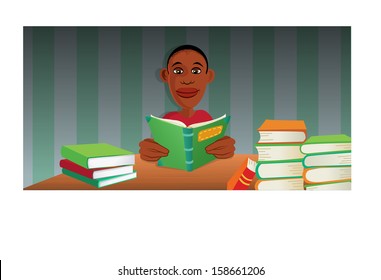 cartoon vector illustration of a boy reading books 