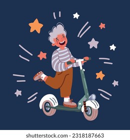 Cartoon vector illustration of boy riding electric kick scooter over drak background