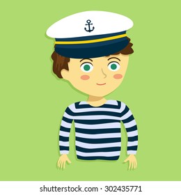 Cartoon Vector Illustration of a Boy with Sailor Shirt and Marine Captain Cap in Green Background