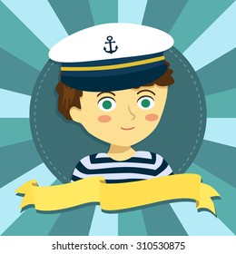 Cartoon Vector Illustration of a Boy with Sailor Shirt and Marine Captain Cap in Circle Blue Background with Yellow Banner
