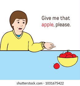 Cartoon Vector Illustration. 
The boy is sitting at a table on which stands a plate with red apples