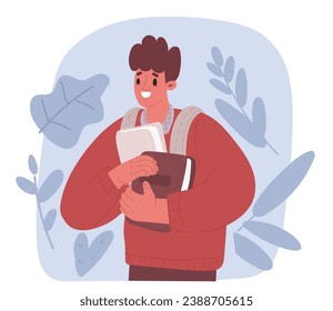 Cartoon vector illustration of boy student standing with backpack on his back and hold book in his hand. Back to school concept.