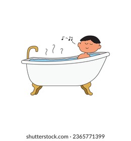 Cartoon Vector illustration boy takes a bath in the tub icon in doodle style