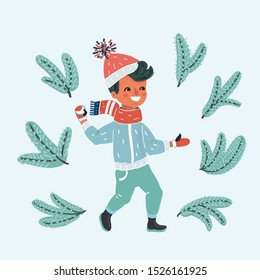 Cartoon vector illustration of boy throwing snowballs. Character on white background.