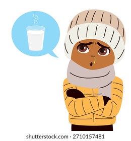Ilustración vectorial de dibujos animados de un niño temblando de frío y con ganas de beber un vaso caliente de leche caliente aislado sobre fondo blanco. Arte de Clip para temas de salud invernal y bienestar infantil