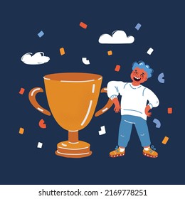 Cartoon vector illustration of boy with trophy cup over dark backround