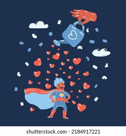 Cartoon vector illustration of boy weared like superhero over dark backround