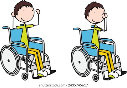 Cartoon vector illustration of a boy in wheelchair exercising - goal post press