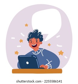Cartoon vector illustration of boy work at laptop in school project