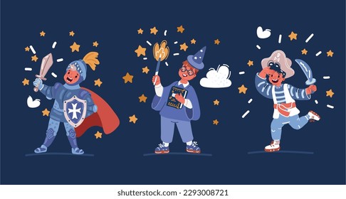 Cartoon vector illustration of boys Festive Costumes Set, Dressed for Masquerade, Carnival, Party, Holiday Knight, pirate, wizard with magic wand. Children's party over dark