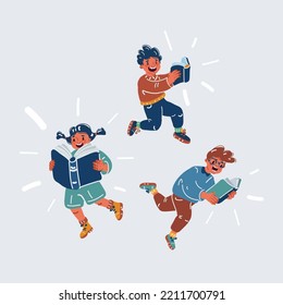 Cartoon Vector Illustration Of Boys And Girl Flying On A Book. Kids Reading Club. Book Crossing. Education Concept.