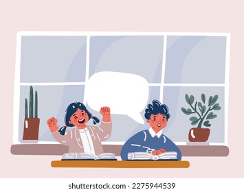Cartoon vector illustration of boys and girl students in the desk