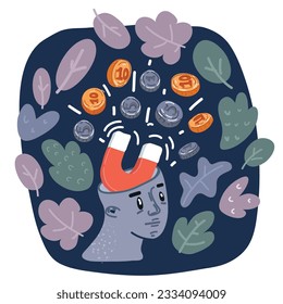 Cartoon vector illustration of brain catching money with a magnet over dark