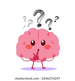 Ilustração vetorial de desenho animado de um personagem cerebral com perguntas no fundo, representando dúvida, confusão ou indecisão