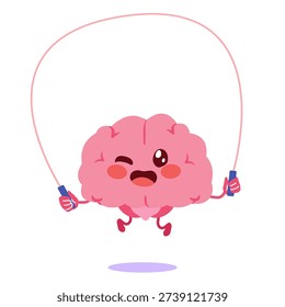 Cartoon vector illustration of a brain character jumping rope. Concept for healthy lifestyle, fitness, mental wellness and active habits