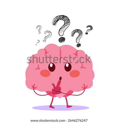 Cartoon vector illustration of a brain character with questions in the background, representing doubt, confusion or indecision
