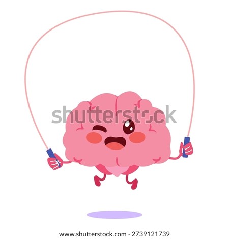 Cartoon vector illustration of a brain character jumping rope. Concept for healthy lifestyle, fitness, mental wellness and active habits