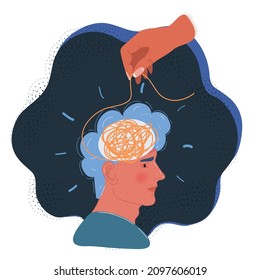 Cartoon vector illustration of brain line. Confuse mind on dark backround.