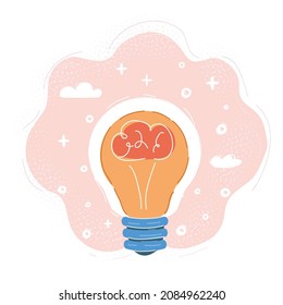 Cartoon vector illustration of brain, mine inside light bulb