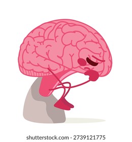 Cartoon vector illustration of a brain profile in side view inspired by classical thinker sculpture pose. Concept for deep thinking, mental fatigue and burnout