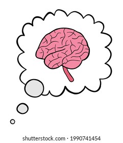Cartoon vector illustration of brain in thought bubble. Colored and black outlines.