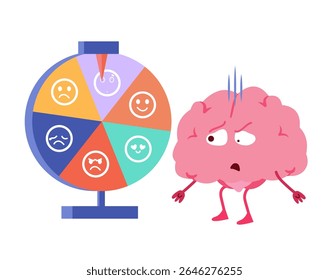 Ilustración vectorial de dibujos animados de un cerebro tratando de decidir usando una rueda de emociones. Dibujo para diseños de inteligencia emocional y salud mental