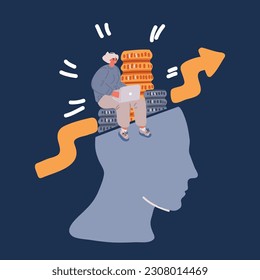 Cartoon vector illustration of Brainstorming. Lightbulb into Head with Gears. Woman Working on Laptop sittign on big head. Earning money concept over dark background