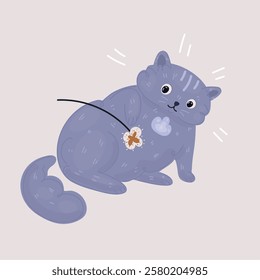 Cartoon vector illustration of breed cat playing with toy
