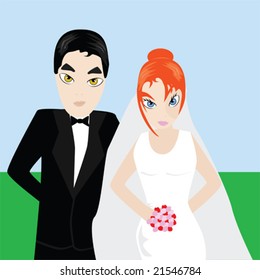 Cartoon vector illustration of a bride and groom posing outdoors